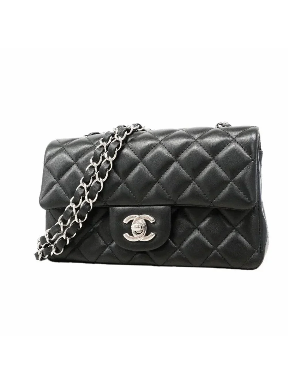 Chanel Shoulder Bag Mini Quilted Lambskin Black Silver